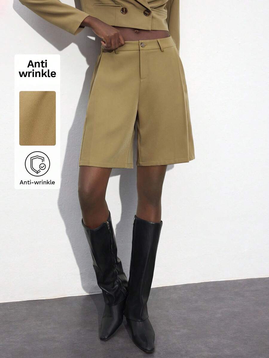 Maija Khaki Casual Work Versatile Bermuda Shorts With Pockets, Festival