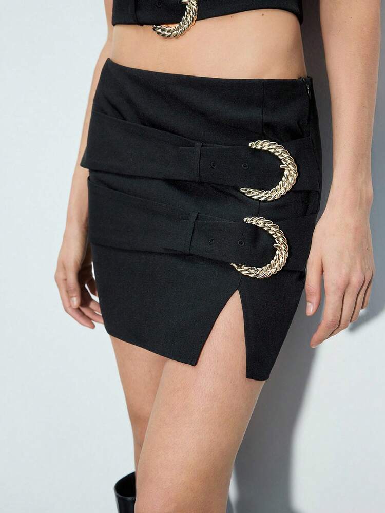 SHEIN Maija Women's Solid Color Metal Decor Split Hem Casual Skirt Valentines Day,Festival