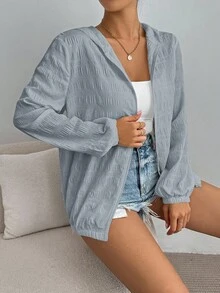 SHEIN Essnce 秋冬女士休闲纯色纹理连帽夹克 - 霧霾藍 - 查看 6