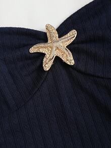 Sweetra Women's Navy Blue Summer Sailor Beach Vacation Holiday Holiday Halter Neck Tie Front Textured Ruched Metallic Decor Tiered Ruffle Hem Mini Dress - Navy Blue - View 3