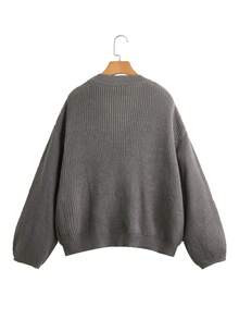 Omancia White Lantern Sleeve Button Front Ribbed Loose Knit Cardigan, Spring/Summer - Grey - View 3