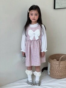 SHEIN 2 pièces/Set Robe rose à carreaux élégante pour filles avec Top à manches longues blanches, décoration de nœud 3D blanc, convient pour les sorties, l'école, les activités extérieures - Multicolore - Voir 6