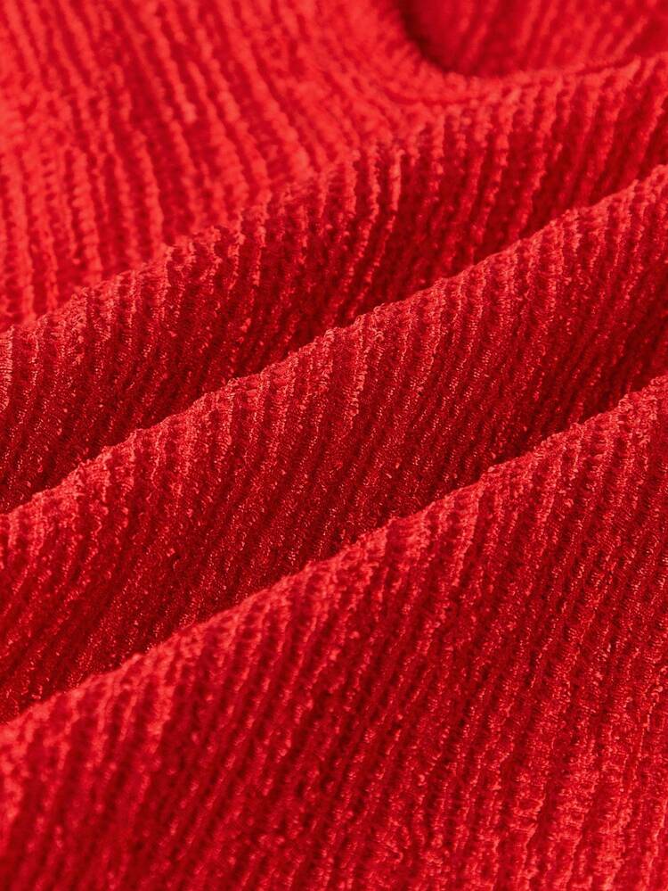 Blusa de manga larga con textura roja, cuello alto con botones y abertura en la espalda, estilo casual de negocios para volver a la escuela en primavera y verano
