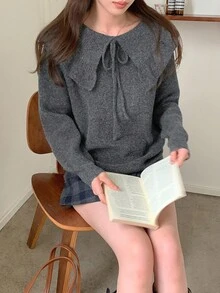 DAZY Women's Korean Style Ruffle Collar Bowknot Long Sleeve Casual Sweater, Autumn/Winter - Grey - View 4