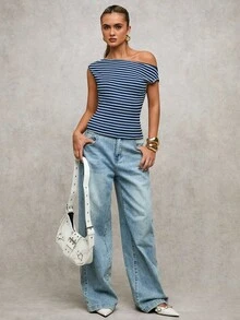 SHEIN BAE 这款春、秋、夏三季钩针编织棕色条纹露肩不对称上衣T恤，适合日常休闲、外出、与闺蜜聚会、下午茶、通勤休闲、海滩度假以及各种场合穿着。 - 藏蓝色 - 查看 3