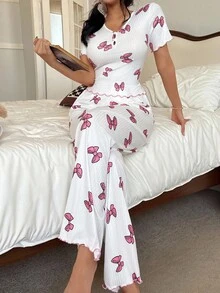 SHEIN Bộ đồ ngủ dệt kim tay ngắn cổ chữ V in nơ màu hồng dành cho nữ Bộ đồ ngủ hai mảnh dành cho nữ Bộ đồ ngủ nơ Bộ đồ ngủ dễ thương Bộ đồ ngủ phù hợp - trắng - Xem 7
