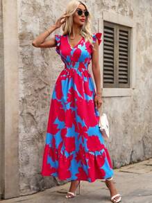 SHEIN Clasi Small Cap Sleeve Cinched Waist Ruffle Hem Maxi Dress,Bohemian Clothes - Multicolor - View 4