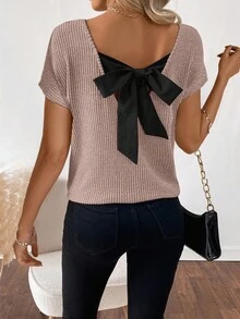 SHEIN LUNE 女士时尚休闲V领蝴蝶结短袖T恤 - 粉色 - 查看 1