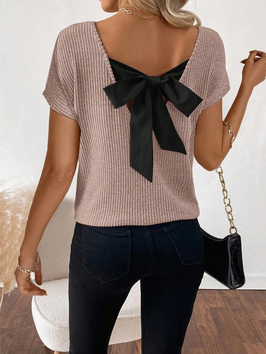 SHEIN LUNE 女士时尚休闲V领蝴蝶结短袖T恤 - 粉色 - 查看 1