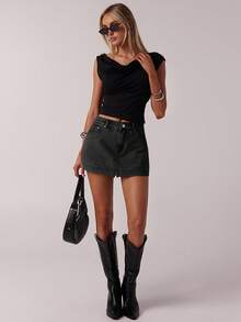 SHEIN Forever 21 Spring Vintage Street Style Casual Distressed Denim Mini Skirt For Women - Black - View 3