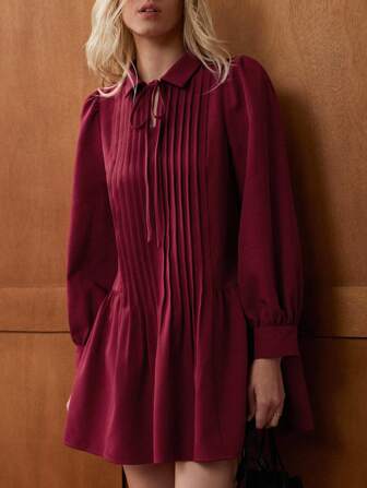 Écloséra 法式复古女式休闲宽松衬衫领褶饰系带长袖连衣裙，酒红色