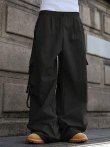 PAVTROS Manfinity Streetrush Men's Fashionable Versatile Solid Color Cargo Pants, For Fall - Black - View 5