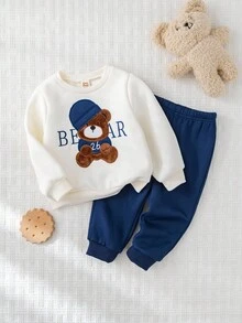 Cozy Pixies 2pcs Baby Boy Cartoon Bear Pattern Knitted Soft Crew Neck Long Sleeve Hoodie And Elastic Waist Thermal Lined Pants Set Baby Set Autumn Winter Season Baby Boy Bear Outfit Baby Casual Sets Fall - Blue - View 4