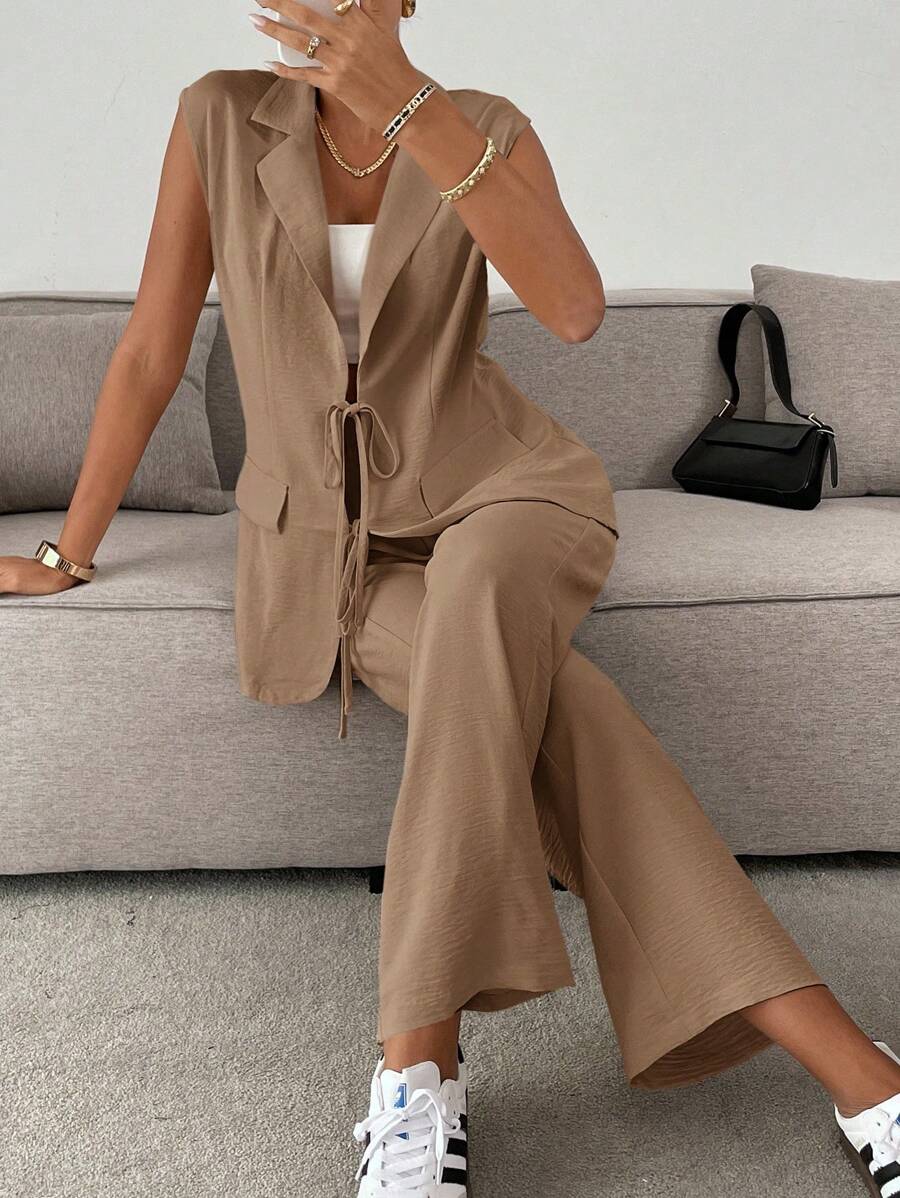 Siren Gaze 秋冬女士纹理系带背心和裤子休闲套装两件套 - 卡其色 - 查看 1