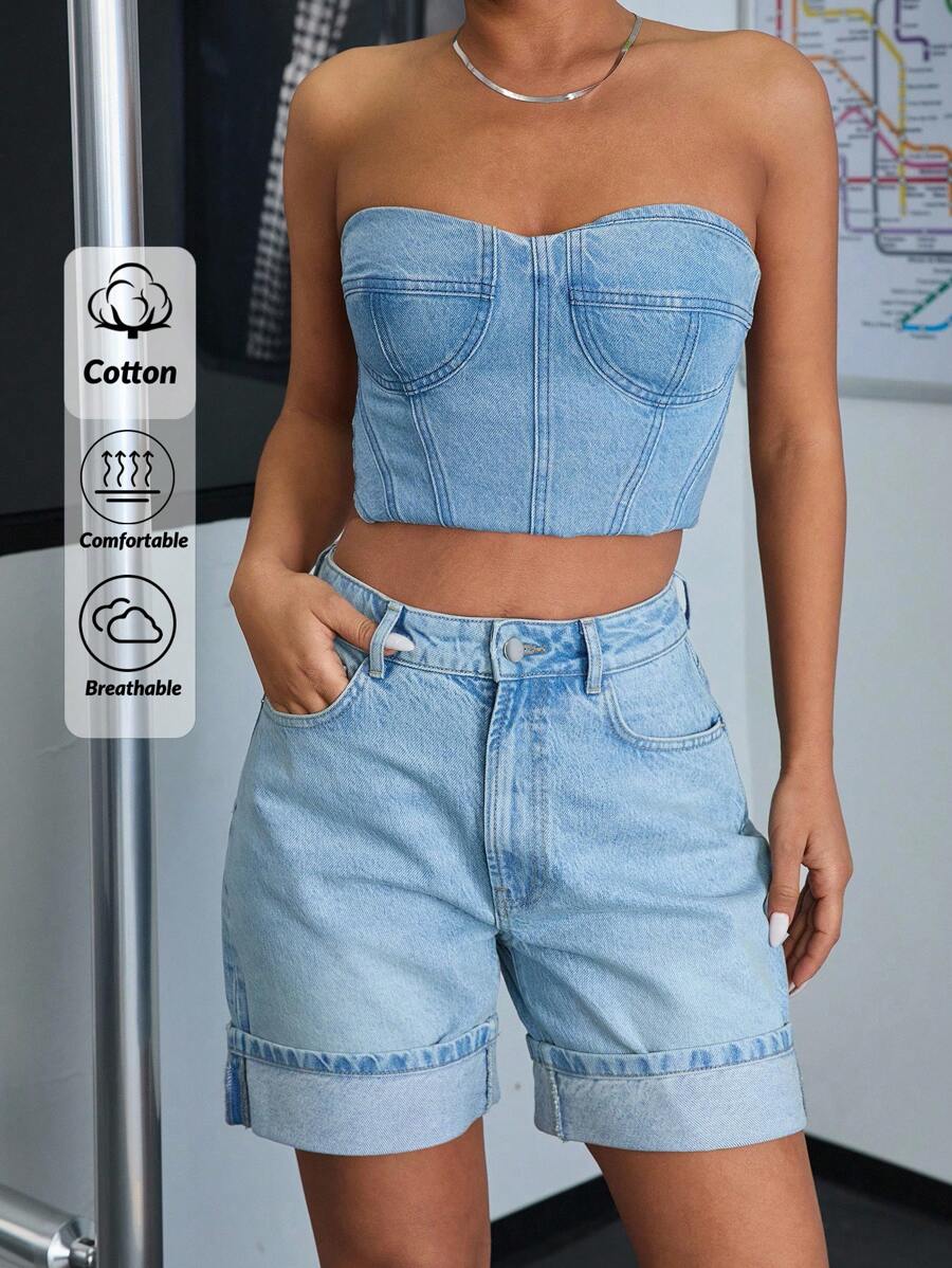 SHEIN Cottnline Denim High Waist Mini Summer Short Folded Hem - Light Wash - View 1