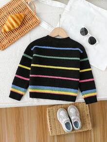 SHEIN 女童开衫，彩色条纹撞色简约日常针织毛衣，女童条纹开衫，针织开衫，女童开衫毛衣，儿童条纹毛衣，女童开衫，秋冬季 - 黑色 - 查看 2