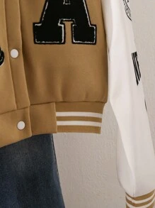 1pc Teen Girl Jacket Baseball Coat, Elastic Striped Cuffs & Collar, Contrast Color Sleeves, Graphic Print Front, Casual Cool Outerwear For Autumn/Winter - Khaki - View 3
