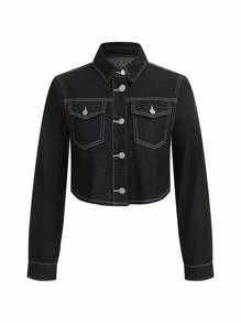 SHEIN x PRISCILA & JIMENA DAZY 翻蓋口短款牛仔夾克和寬腿牛仔褲 - 黑色 - 查看 1