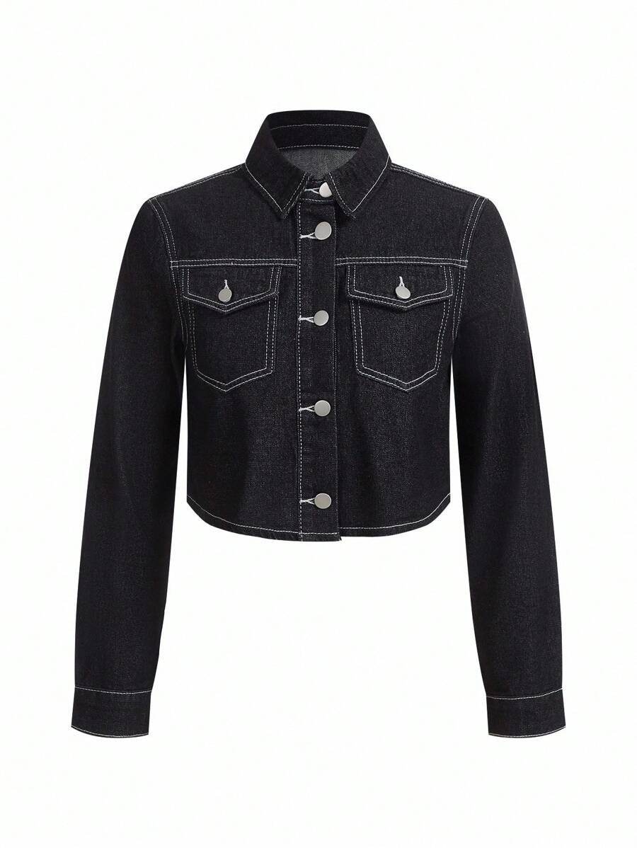 SHEIN x PRISCILA & JIMENA DAZY 翻蓋口短款牛仔夾克和寬腿牛仔褲 - 黑色 - 查看 1