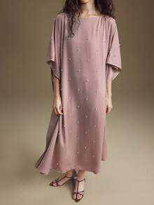 Ontre 2025年新款女装、秋冬服饰、四季服装、冬季服装、女士返校装、万圣节和圣诞节服装、女士教师服装、休闲外出、夜间外出服装、婚礼宾客服装、优雅婚礼宾客礼服、女士教堂服装、商务休闲装、优雅串珠蝙蝠袖商务休闲连衣裙 - 粉色 - 查看 6