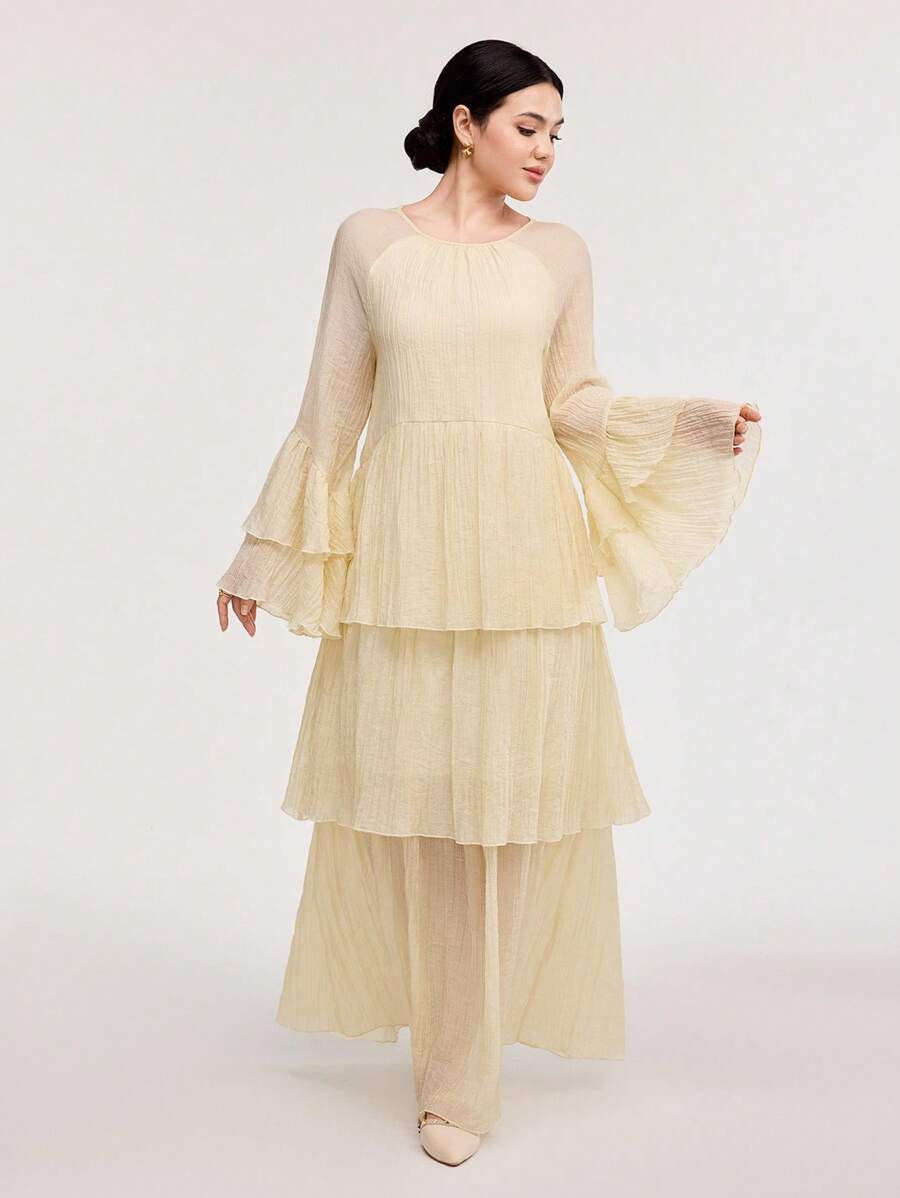 Veilorie Women's Solid Color Elegant Semi-Sheer Long Sleeve Dress - Apricot - View 1