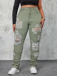 Slaydiva 加大码牛仔布，绿色牛仔弹性个性化破洞哈伦牛仔裤，牛仔竞技女装，秋季旧款 - 綠色 - 查看 3