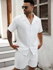 ResortEase Plus Size Men's Casual Solid Color Shirt And Shorts Set, Summer