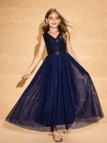 青少年女孩 V 领细肩带亮片撞色网眼腰连衣裙，优雅适合舞会、派对、学校开学典礼 - 藍色 - 查看 3