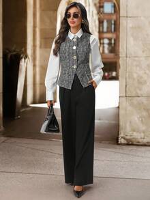 SHEIN Clasi Women's Elegant Commuter Color Block Shirt, Suitable For Work, Commuting, And Teacher - Black and White - View 2