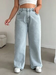 EURMUSE 100%Cotton HIGH RISE STRAIGHT CUT PLUS SZIE WOMEN JEAN - Light Wash - View 4