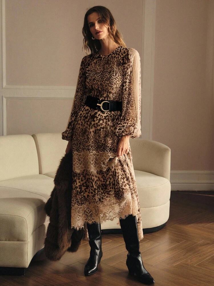 LEOPARD PRINT LANTERN SLEEVE LACE INSERT ASYMMETRICAL HEM DRESS
