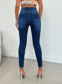 EURMUSE Petite 97% Algodón Lavado Alto con Detalles de Jacrón Jeans Skinny, Mujeres Petite - Azul lavado medio - Ver 2