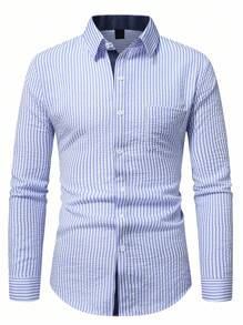 Calvornis Camisa casual de manga larga de un solo pecho con bolsillo y rayas para hombre, otoño - Azul y blanco - Ver 3
