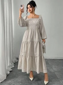 Modelyn Plus Size Women Elegant Waist Cinched Striped Long Sleeve Dress Fall Cloth For Women - Khaki - View 1