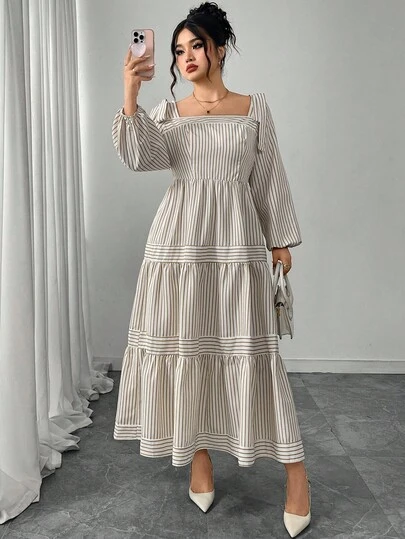 Modelyn 大码女式优雅腰部收腰条纹长袖连衣裙