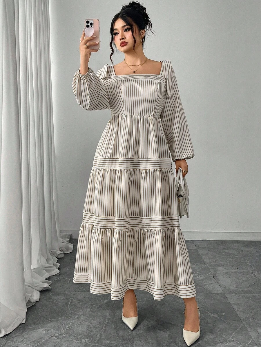 Modelyn Plus Size Women Elegant Waist Cinched Striped Long Sleeve Dress Fall Cloth For Women - Khaki - View 1