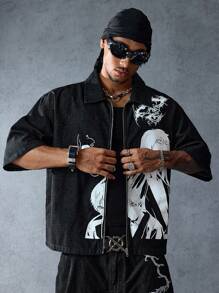 ROMWE MEN Anime Men's Denim Cartoon Character Print Zip-Up Casual Denim Jacket - Black - View 7