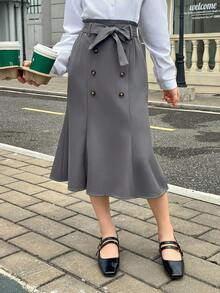 青少年女孩灰色美人鱼下摆荷叶边修身高腰双排扣半身裙，适合日常通勤 - 灰色 - 查看 5