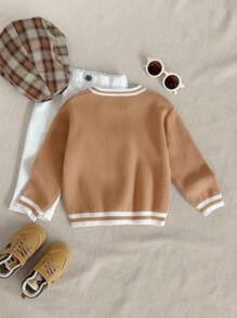 Young Boy PrepCrw Letter Print Crew Neck Long Sleeve Sweater Boys Brown Sweater Preppy For Fall Autumn Winter, Casual Varsity Sweaters - Multicolor - View 2