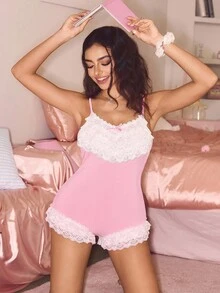 SweetSlumber 女士撞色细肩带蕾丝拼布蝴蝶结装饰无袖修身连体睡衣 - 淺粉色 - 查看 6