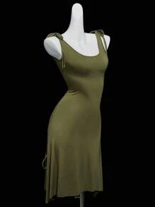 SHEIN ICON Backless Tie-Up Versatile Hem Mini Dress, Fitted - Dark Green - View 11