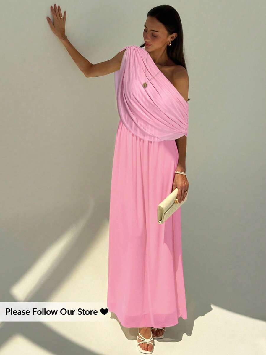 Aloruh New Draped Shoulder Ruched Decor Slim Fit Extra Long Flowy Maxi Party Vacation Versatile Lightweight Dress - Baby Pink - View 1