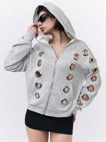 LYSMO 女士时尚前卫镂空设计灰色连帽衫，秋冬款 - 灰色 - 查看 3