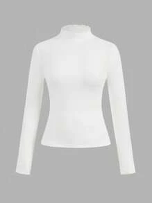 SHEIN EZwear 2 件套女士休闲黑白针织 T 恤，带保暖衬里，秋装冬装女士冬季上衣女士高领上衣高领上衣修身上衣女士长袖上衣，女士秋装 - 黑與白 - 查看 5