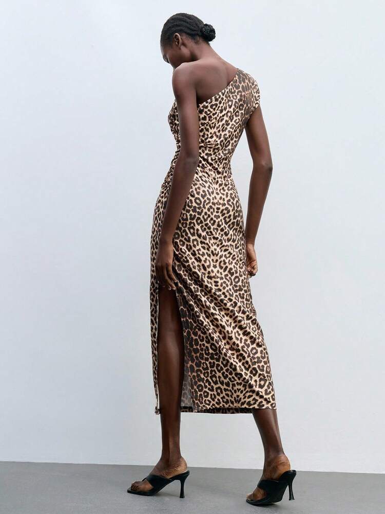 SHEIN Maija Women's Leopard Print Side Slit Dress, Fashionable One-Shoulder Leopard Print Dress One Shoulder Dress Animal Print Dress Leopard Dress One Shoulder Dresses