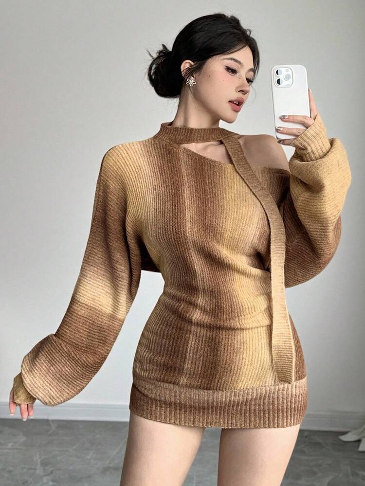 Autumn/Winter Tie-Dye Ombre Knit Sweater, Oblique Shoulder Hollow Out Drawstring Tie Neck Pullover Sweater For Women,Fall Women Clothes