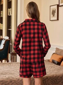 SHEIN EverLounge Damen Lässig Karomuster Langarm Einreiher Top und Hose Pyjama Set, Herbstkleidung