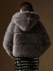 Anewsta Short Hooded Fluffy Faux Fur Patchwork Fashion Jacket, Autumn/Winter - Dark Grey - View 4