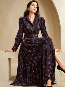 Anewsta Váy buộc eo họa tiết hoa thanh lịch hiện đại dành cho nữ, hàng mới về mùa thu/đông - Màu đỏ tím - Xem 7