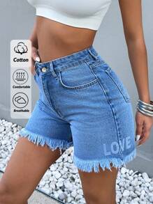 EURMUSE 女式字母图案口袋做旧下摆休闲牛仔短裤 - 中等水洗藍 - 查看 1